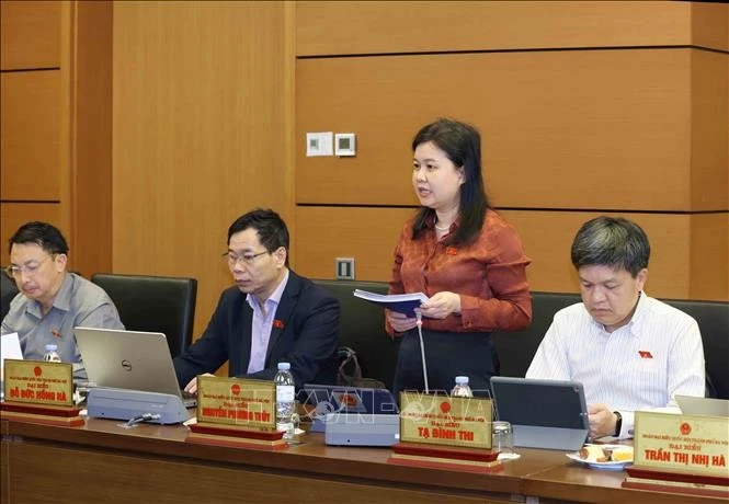 Đại biểu Quốc hội Thành phố Hà Nội Nguyễn Phương Thuỷ thảo luận ở tổ. Ảnh: Phương Hoa/TTXVN