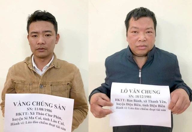 Hai đối tượng Vàng Chúng Sần và Lò Văn Chung tại Cơ quan CSĐT. Ảnh: CACC.