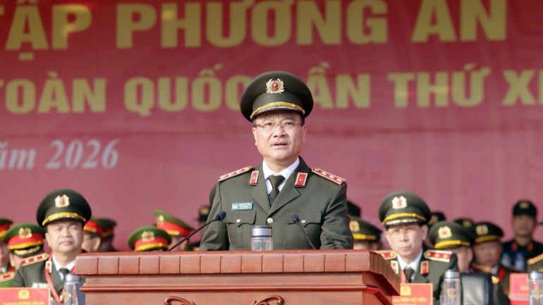 Thượng tướng Phạm Thế Tùng, Thứ trưởng Công an, Trưởng Tiểu ban An ninh trật tự, phát biểu tại Lễ xuất quân và diễn tập bảo đảm an ninh, trật tự Đại hội đại biểu toàn quốc lần thứ XIV của Đảng.