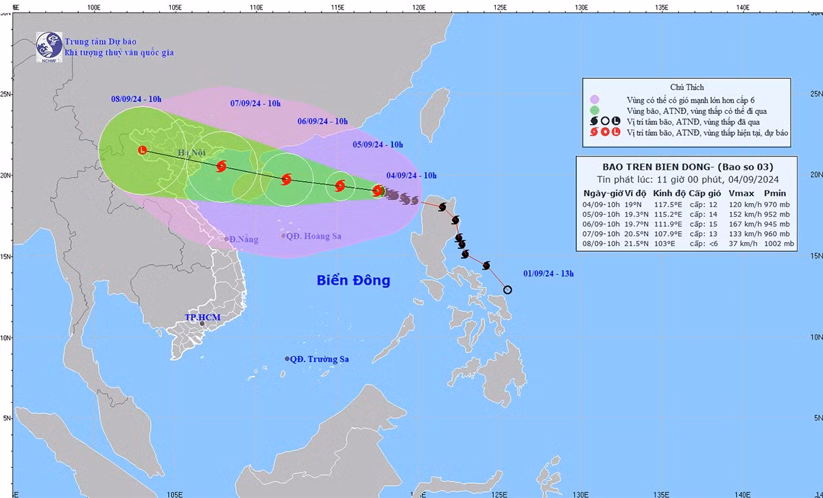 Vị trí đường đi của bão số 3. (Ảnh: VOV)