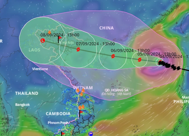 Dự báo vị trí và hướng di chuyển của bão số 3. Nguồn: Hệ thống giám sát thiên tai
