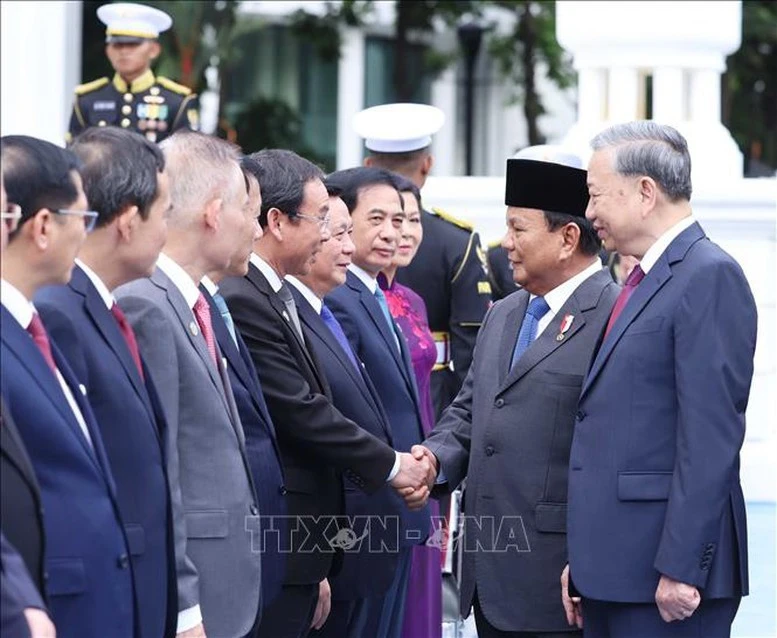 Tổng thống Prabowo Subianto chào mừng đoàn đại biểu cấp cao Việt Nam. Ảnh: TTXVN