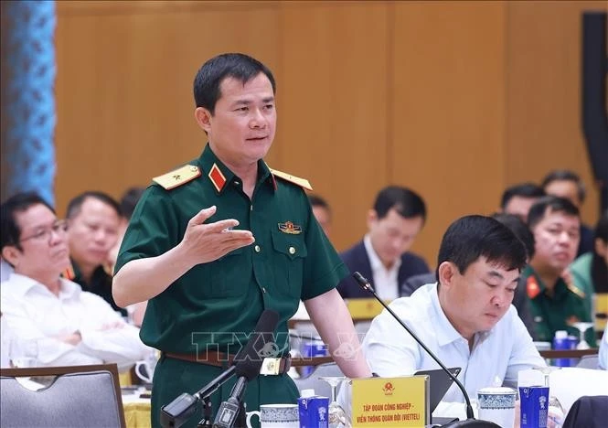 Thiếu tướng Tào Đức Thắng, Chủ tịch kiêm Tổng Giám đốc Tập đoàn Công nghiệp - Viễn thông Quân đội phát biểu. Ảnh: Dương Giang/TTXVN