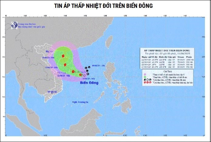 Thời tiết hôm nay (11/6): Áp thấp nhiệt đới di chuyển chậm trên Biển Đông. Ảnh: kttv.gov.vn Thời tiết hôm nay (11/6): Áp thấp nhiệt đới di chuyển chậm trên Biển Đông. Ảnh: kttv.gov.vn
