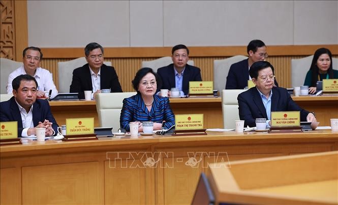 Các Phó Thủ tướng và đại diện các bộ, ngành, cơ quan thuộc Chính phủ tham dự cuộc họp đánh giá tình hình Tết Nguyên đán Bính Ngọ. Ảnh: Dương Giang/TTXVN