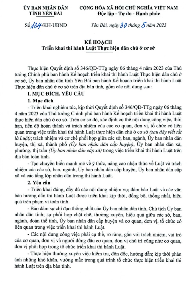 UBND tỉnh Yên Bái ban hành kế hoạch triển khai thi hành Luật Thực hiện dân chủ ở cơ sở ảnh 1