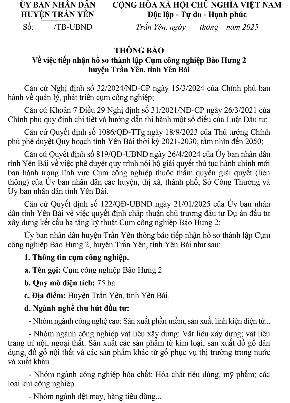 Thông báo về việc tiếp nhận hồ sơ thành lập Cụm công nghiệp Bảo Hưng 2 huyện Trấn Yên, tỉnh Yên Bái ảnh 1