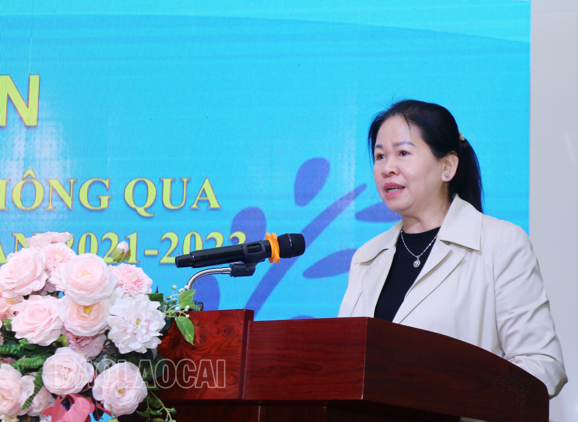 Đồng chí Hà Thị Khánh Nguyệt, Chủ tịch Hội Liên hiệp Phụ nữ tỉnh, Trưởng Ban điều hành dự án phát biểu tại hội nghị. 951-6456-6536.jpg