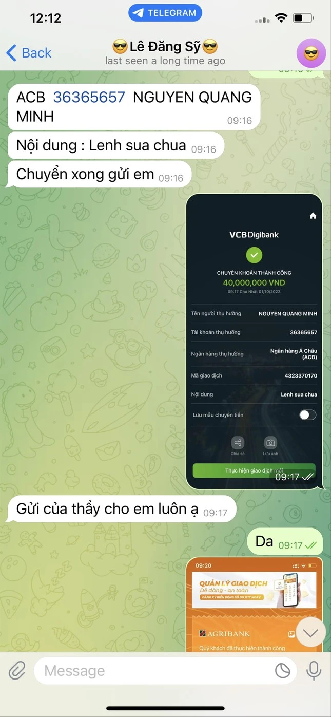 Lần chị L.T.H chuyển 40 triệu đồng cho các đối tượng. Ảnh nhân vật cung cấp