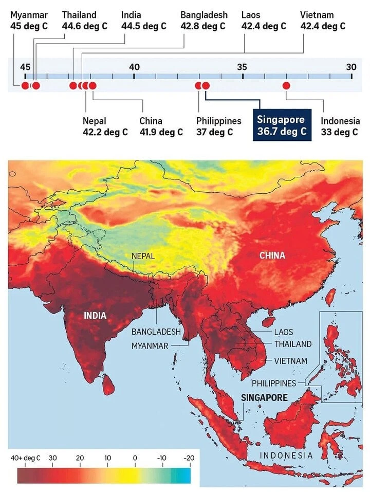 Nền nhiệt trung bình ở Đông Nam Á trong đợt nắng nóng đầu tiên vào năm 2023.
