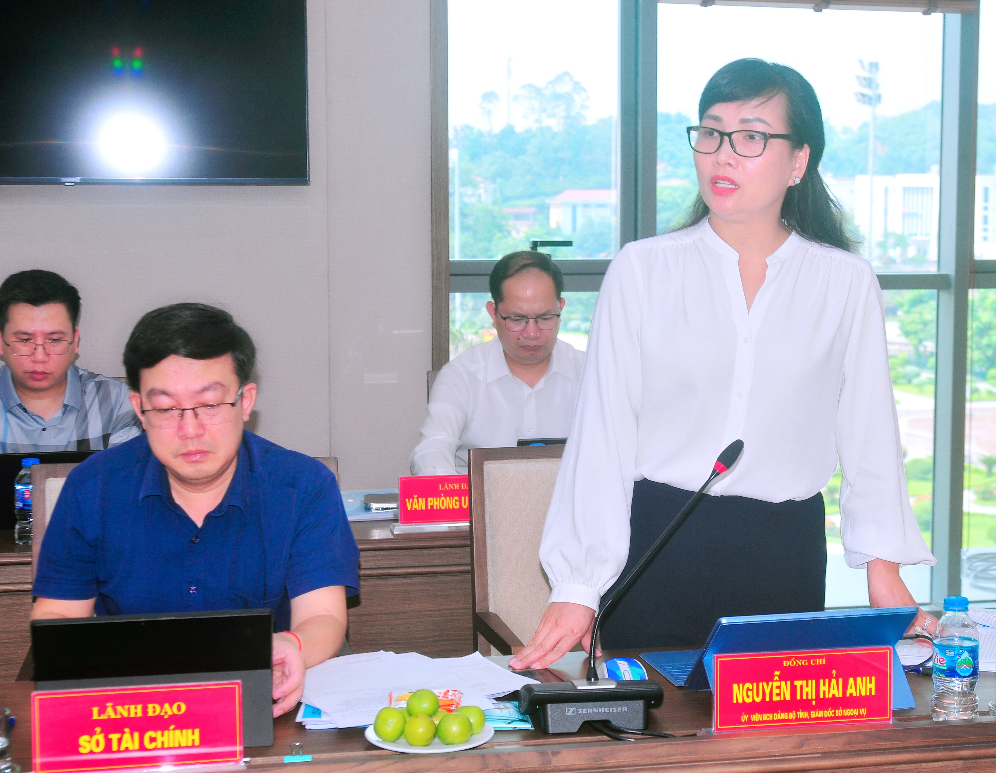 Đồng chí Nguyễn Thị Hải Anh - Ủy viên Ban Chấp hành Đảng bộ tỉnh, Giám đốc Sở Ngoại vụ phát biểu tại buổi làm việc. Đồng chí Nguyễn Thị Hải Anh - Ủy viên Ban Chấp hành Đảng bộ tỉnh, Giám đốc Sở Ngoại vụ phát biểu tại buổi làm việc.