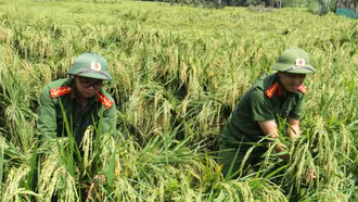 Công an xã Văn Bàn hỗ trợ Nhân dân khắc phục hậu quả thiên tai