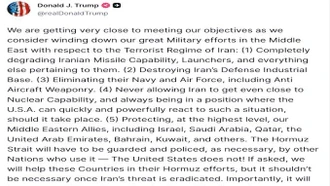 Tổng thống Trump: Mỹ đã "rất gần" mục tiêu đề ra, sắp hoàn tất chiến dịch quân sự ở Iran
