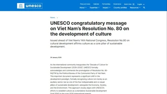 UNESCO đăng thông điệp chúc mừng Nghị quyết phát triển văn hóa Việt Nam