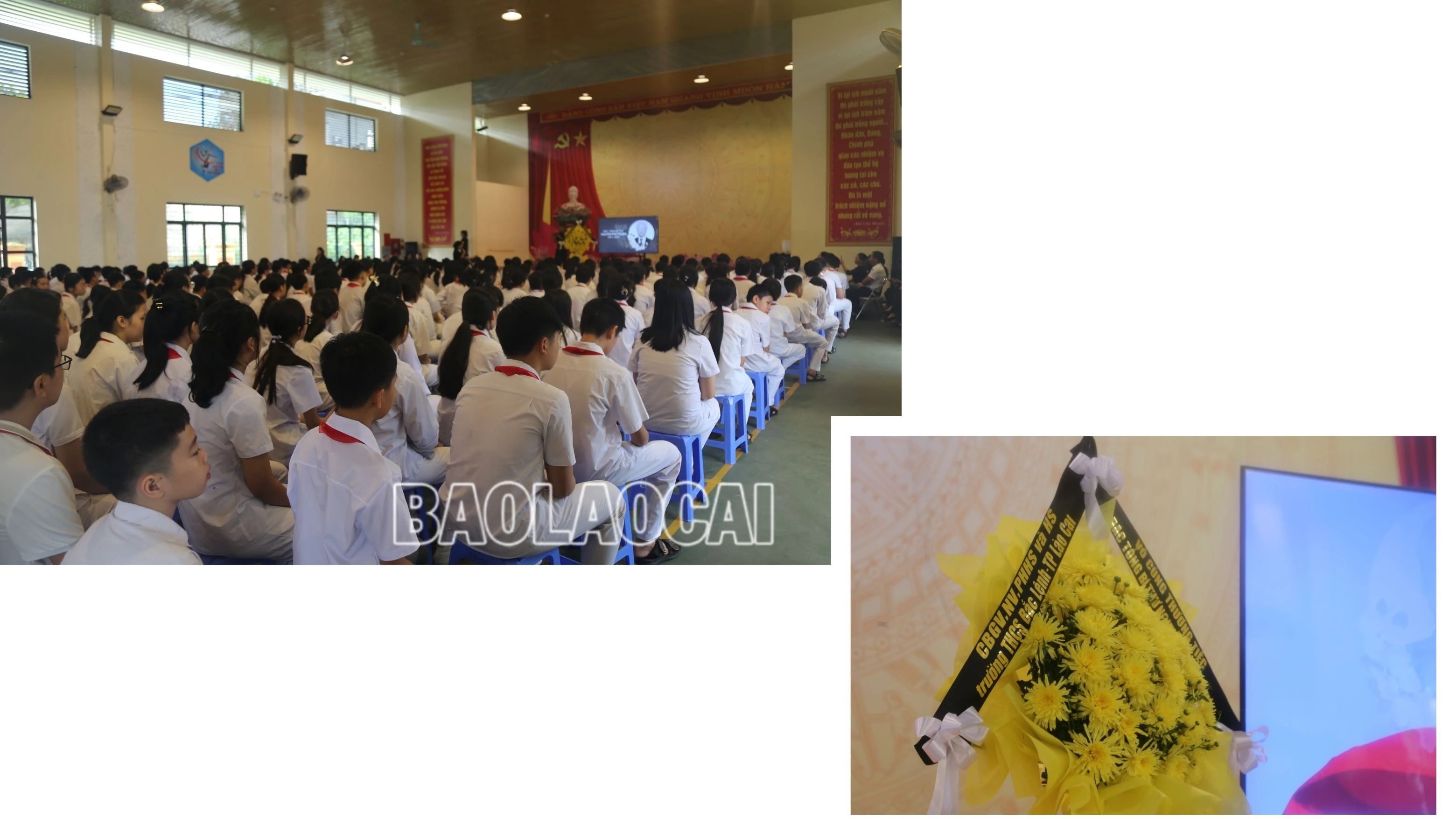 Buổi lễ được tổ chức trang trọng với đầy đủ giáo viên, học sinh, phụ huynh Trường THCS Bắc Lệnh cùng vòng hoa tưởng nhớ tới Tổng Bí thư Nguyễn Phú Trọng.