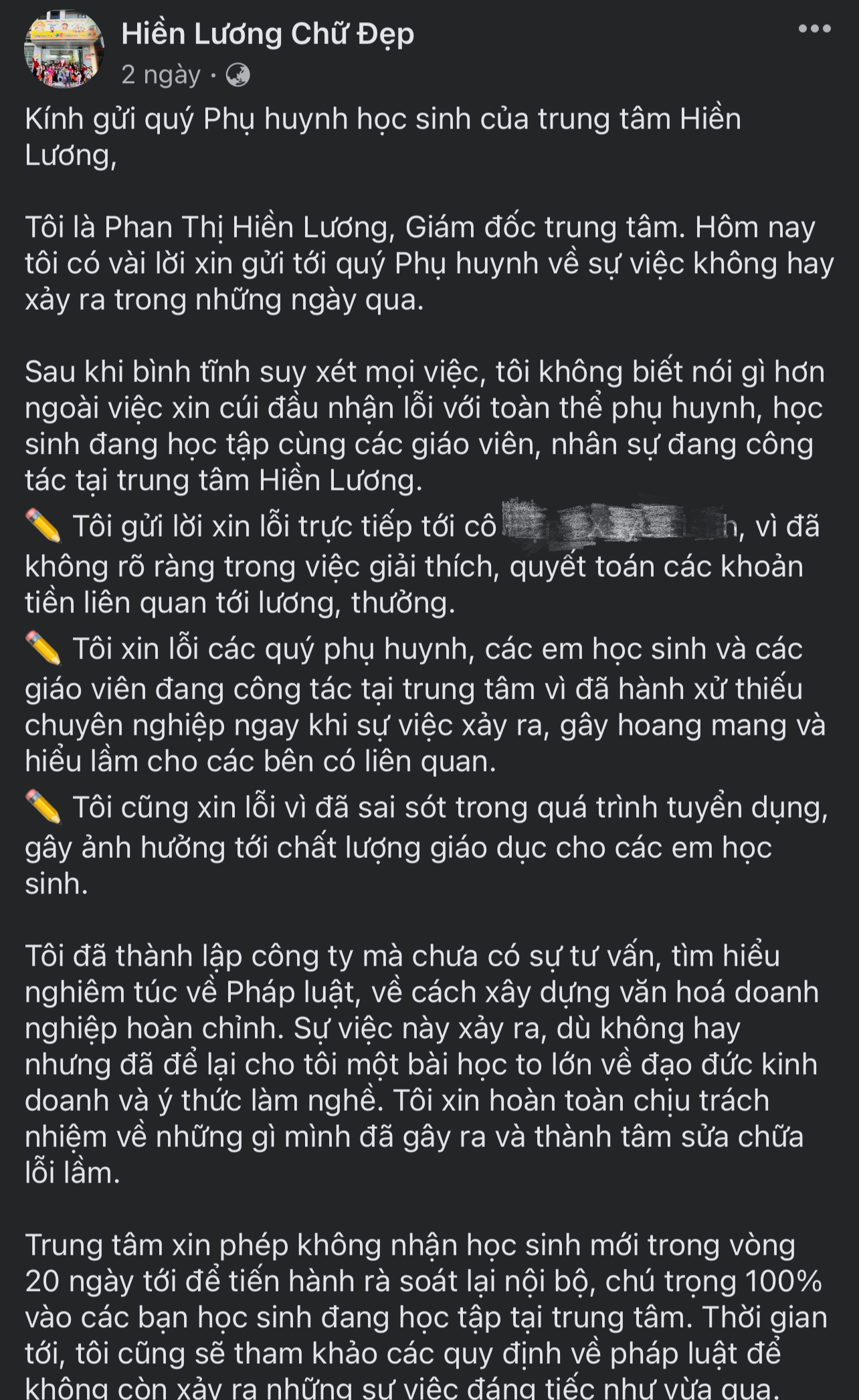 Bài viết của bà Phan Thị Hiền Lương đăng tải trên trang facebook cá nhân xin lỗi chị L. cùng đội ngũ giáo viên, nhân viên, phụ huynh và học sinh tại trung tâm. E3CE6148-4860-40AD-89E6-B6DE78F1C4E8.png