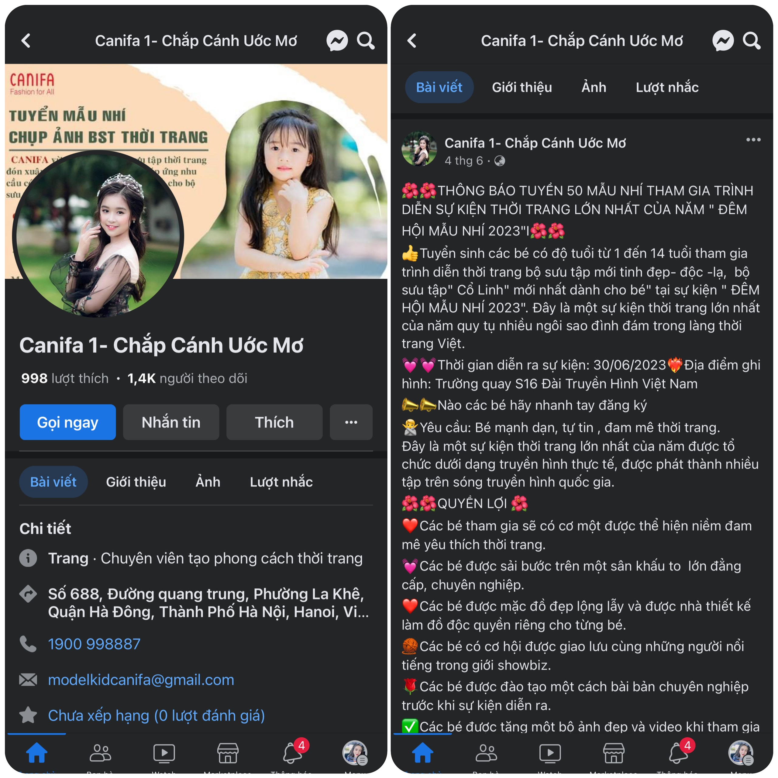 Trang fanpage giả mạo tuyển mẫu nhí của nh ãn hàng Canifa với những lời quảng cáo đầy hấp dẫn. z4497993340931_51f5e4ce0bd3442ebe4ccee39303adc3.jpg