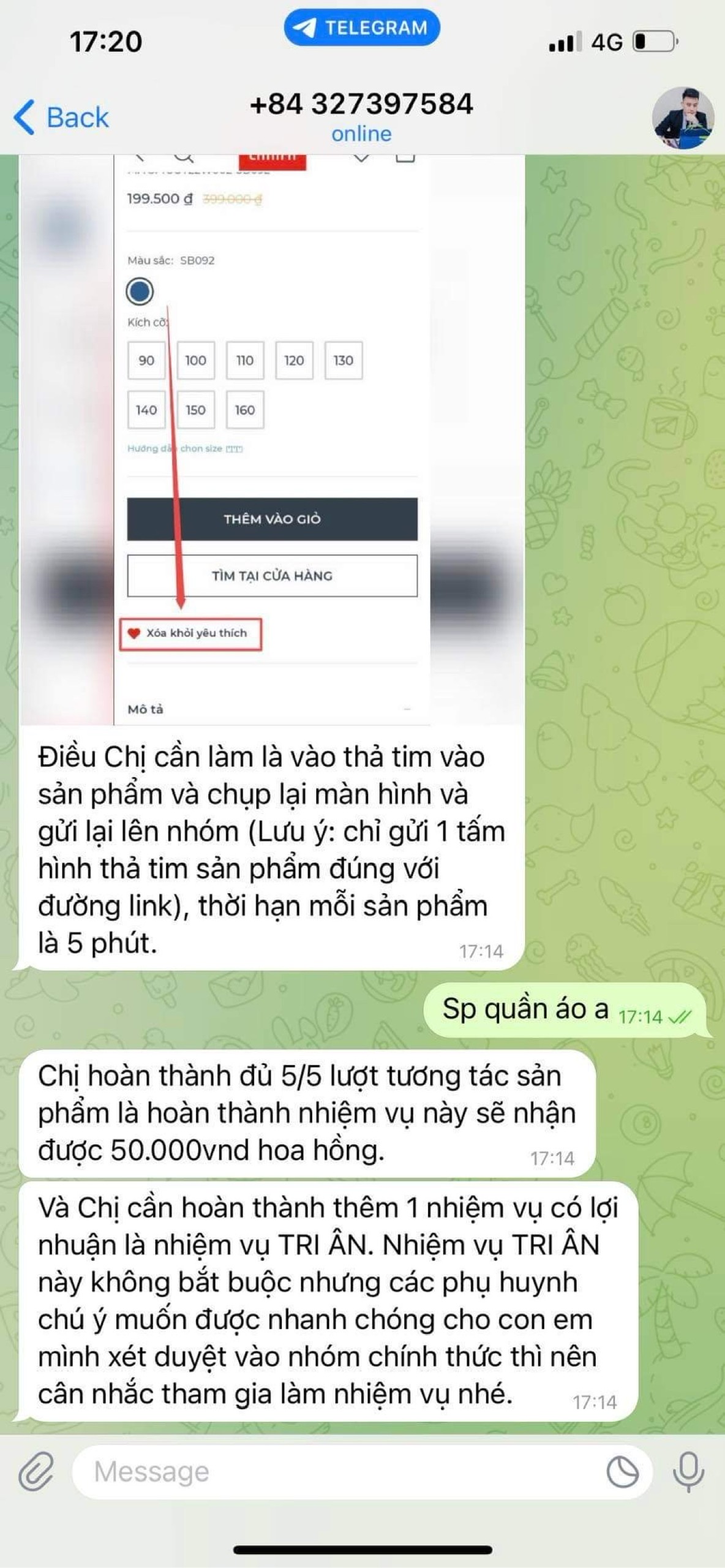 Tin nhắn lừa đảo yêu cầu chị D. thực hiện các nhiệm vụ chuyển tiền. nhóm telegram lừa đảo thực hiện nhiệm vụ.jpg