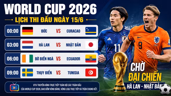 World Cup 2026 ngày 15/6: Chờ đại chiến Hà Lan - Nhật Bản, Đức quyết thị uy sức mạnh