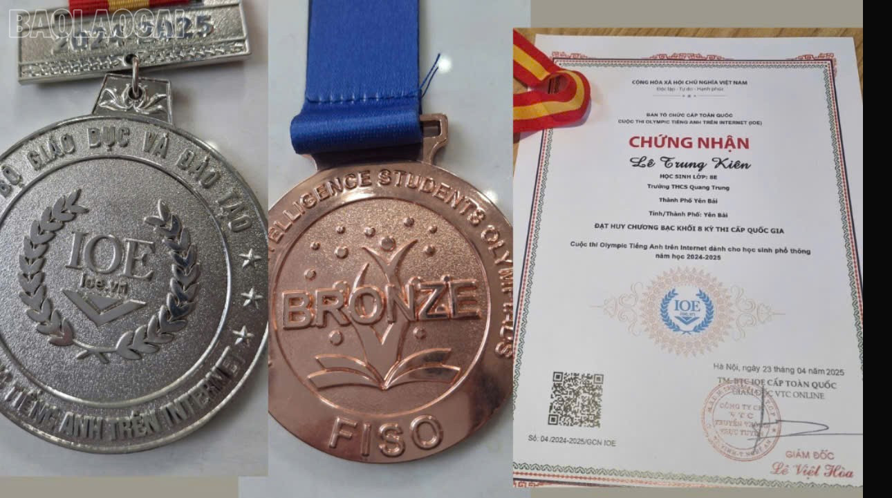 Le Trung Kien vann silvermedalj i den internationella omgången av FISO Online Olympic Competition 2023-2024 och silvermedalj i åttonde klass i den nationella tävlingen. baolaocai-tl_z7157492803046-fe97b1f25d838add39677e8645bfba52.jpg