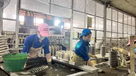 Workers of Hoang Lien Son Technical Ceramics joint Stock Company during their shift.