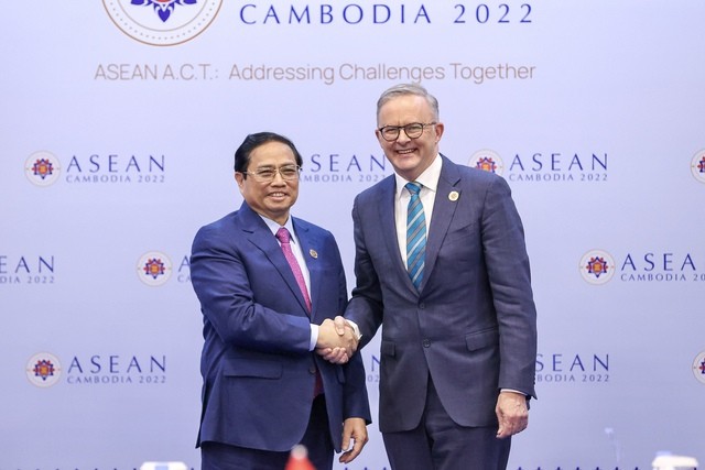 Thủ tướng Chính phủ Phạm Minh Chính gặp Thủ tướng Australia Anthony Albanese dịp Cấp cao ASEAN tại Campuchia, tháng 11/2022. Thủ tướng Chính phủ Phạm Minh Chính gặp Thủ tướng Australia Anthony Albanese dịp Cấp cao ASEAN tại Campuchia, tháng 11/2022.
