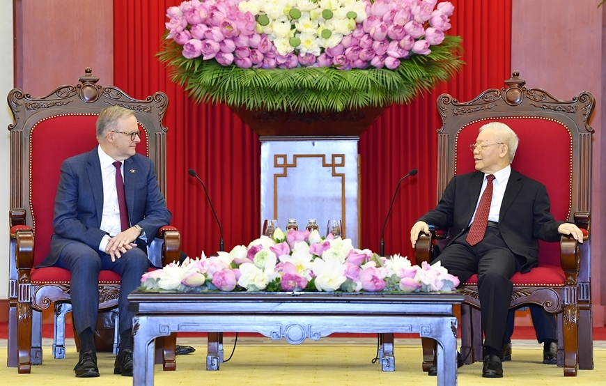 Tổng Bí thư Nguyễn Phú Trọng tiếp Thủ tướng Australia Anthony Albanese ngày 4/6 vừa qua. Tổng Bí thư Nguyễn Phú Trọng tiếp Thủ tướng Australia Anthony Albanese ngày 4/6 vừa qua.