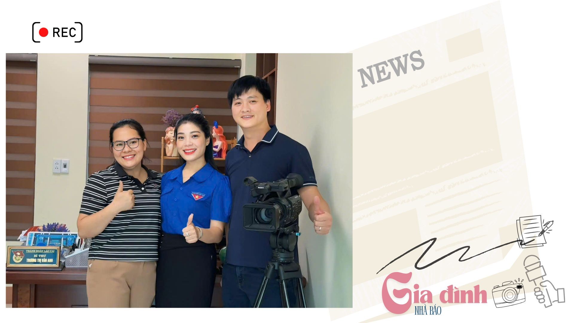 “cặp đôi” phóng viên Minh Dũng - Huyền Trang chụp ảnh cùng nhân vật phỏng vấn - chị Trương Thị Vân Anh (áo đoàn). gd-2.jpg