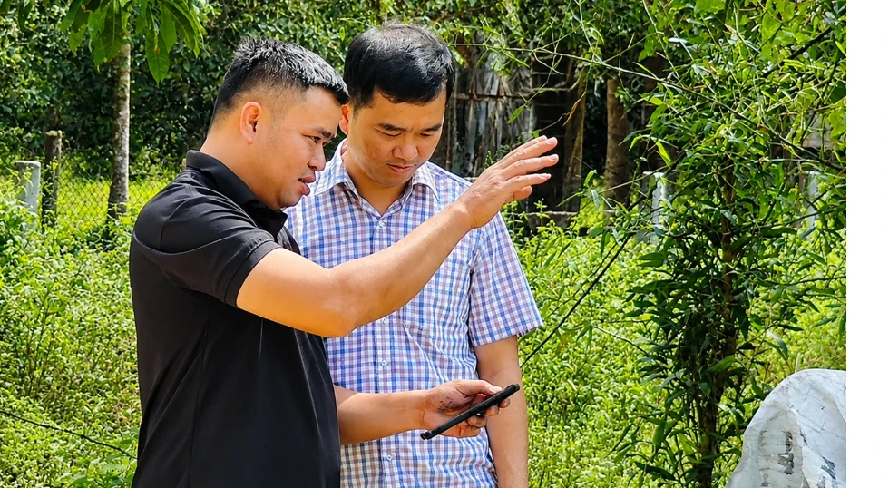 Anh Nguyễn Văn Trí (bên trái) với chiếc điện thoại thông minh trong tay có thể biết rõ vị trí đàn bò của gia đình.