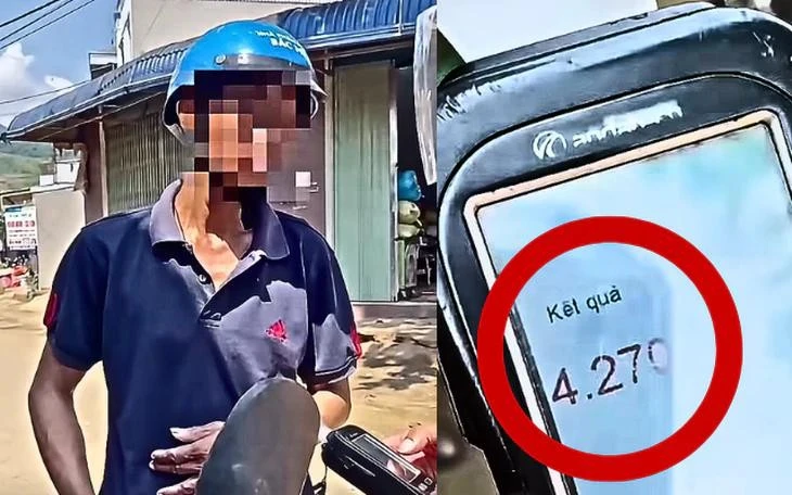 Một người đàn ông ở Sơn La bị phát hiện có nồng độ cồn 4,270 mg/l khí thở khi điều khiển xe mô tô. Điều đáng nói, trước đó người này đã uống rượu, bia trong nhiều ngày. (Ảnh Cục CSGT)