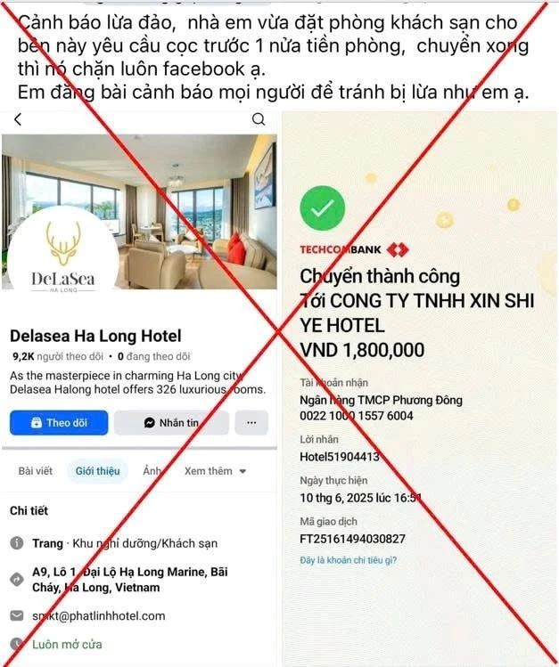 Fanpage lừa đảo nhận chuyển khoản 50% tiền đặt cọc phòng và chặn tài khoản khách hàng.