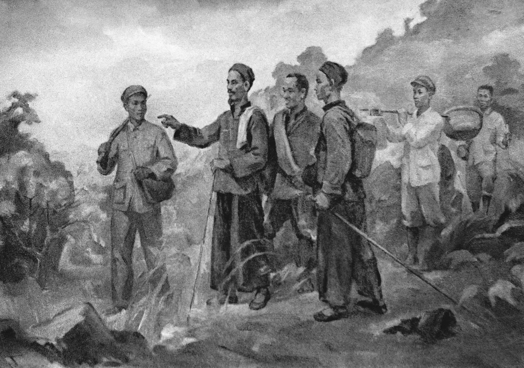 Bức tranh mô tả ngày 28/1/1941, lãnh tụ Nguyễn Ái Quốc và các đồng chí của mình vượt qua mốc 108 biên giới Việt Nam - Trung Quốc về đến Pác Bó (xã Trường Hà, Hà Quảng, Cao Bằng).