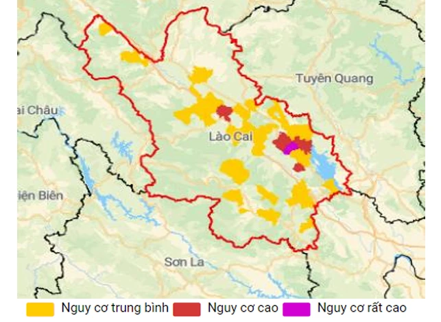 Bản đồ nguy cơ lũ quét, sạt lở đất trên các khu vực tỉnh Lào Cai trong 6 giờ tới.