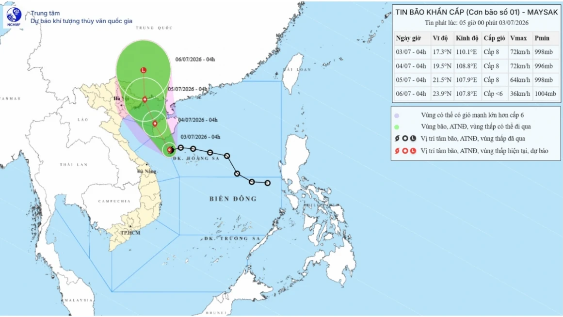 Hình ảnh dự kiến hướng đi của bão số 1. (Nguồn: Trung tâm Dự báo KTTV Quốc gia)