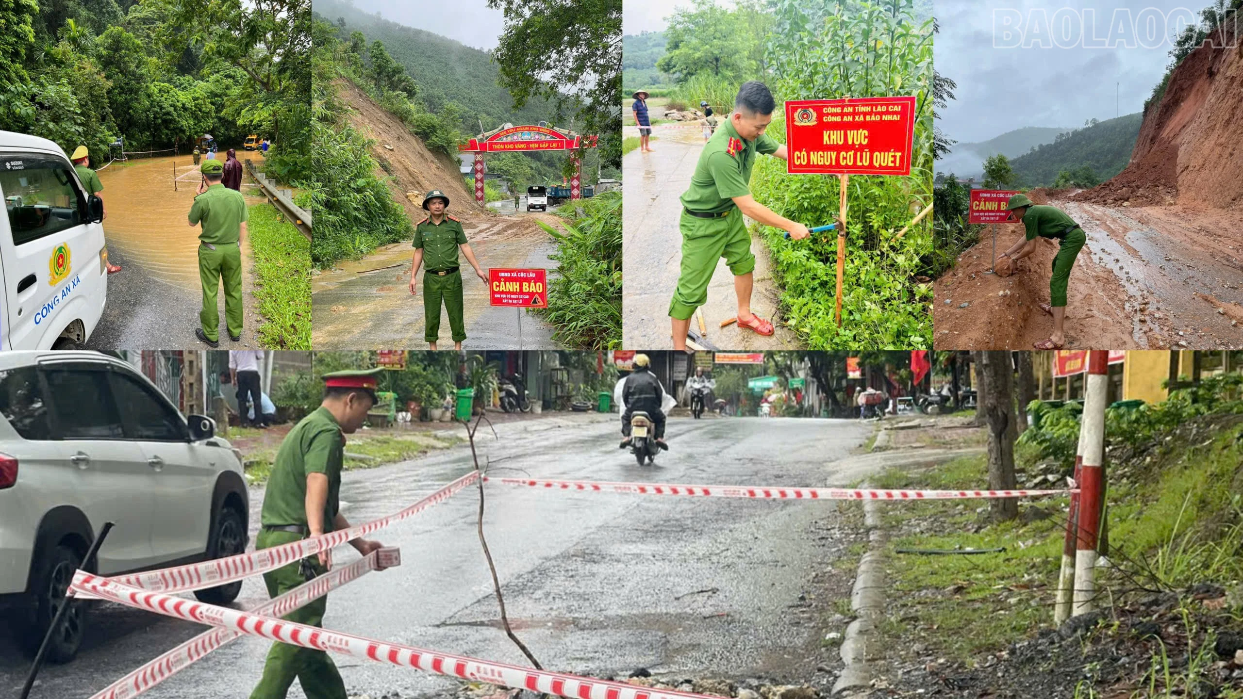 Công an xã Bảo Nhai đặt biển cảnh báo tại các khu vực sạt lở và ngập úng.