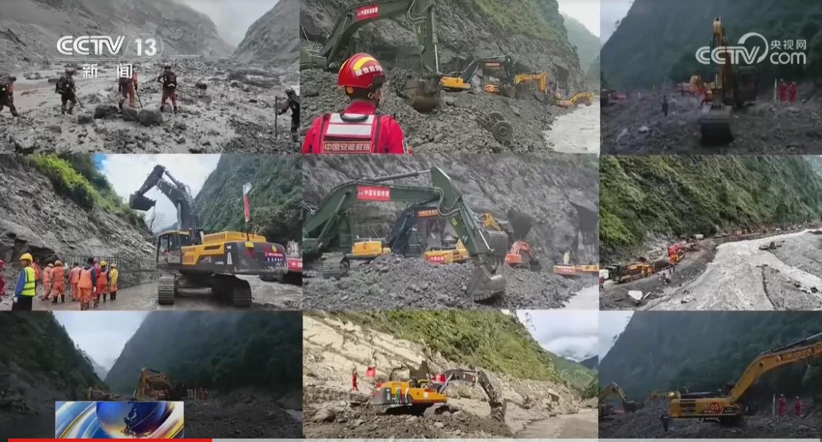 Công tác tìm kiếm, cứu hộ được tiến hành tại hiện trường lũ quét và sạt lở ở Khu tự trị Tây Tạng, Trung Quốc. (Ảnh: CCTV)