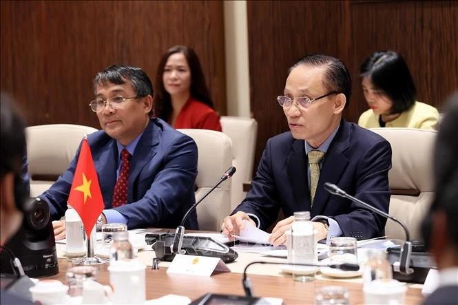 Đồng chí Lê Hoài Trung, Ủy viên Bộ Chính trị, Bộ trưởng Bộ Ngoại giao phát biểu.