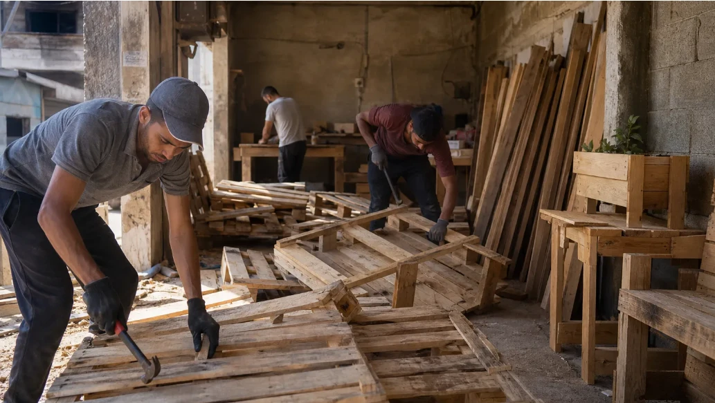 Người dân Gaza tận dụng pallet gỗ viện trợ nhân đạo để làm đồ nội thất. (Ảnh: UA.News)