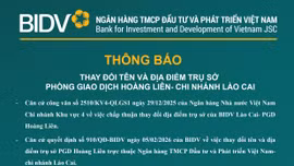 BIDV Chi nhánh Lào Cai thông báo thay đổi tên và địa điểm trụ sở Phòng Giao dịch Hoàng Liên