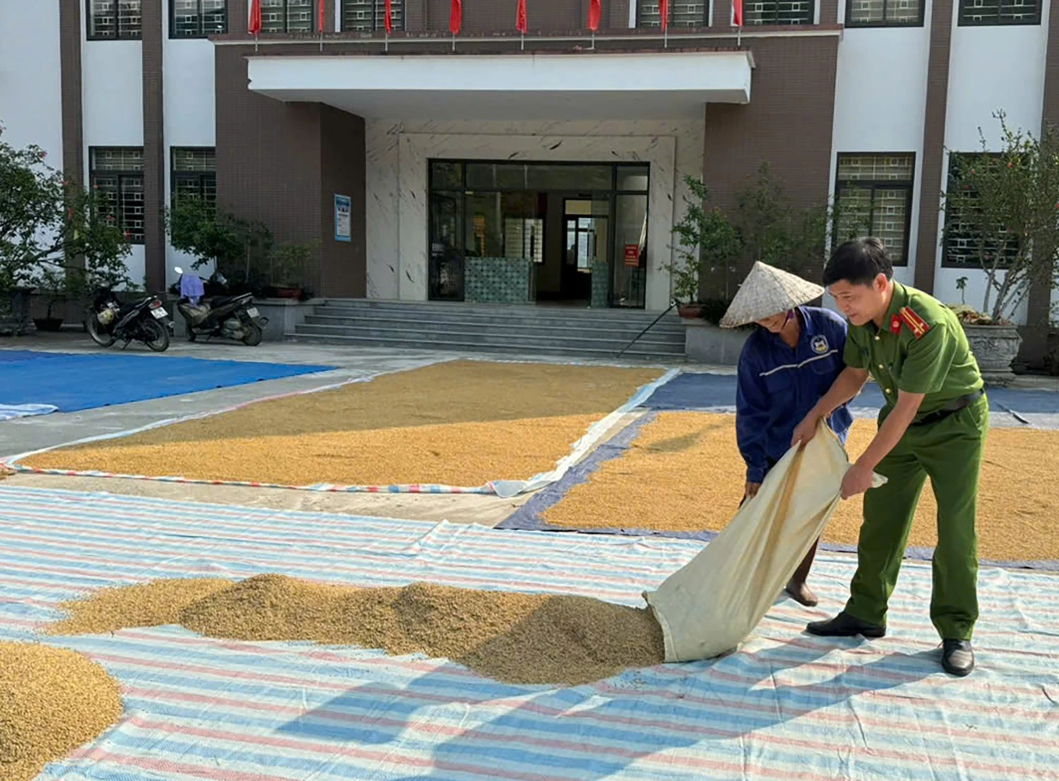 Trung tá Tống Quang Du, Trưởng Công an xã Bản Qua giúp dân phơi thóc.