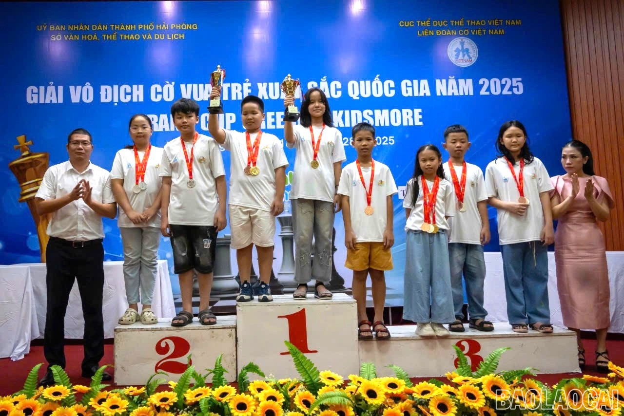 Vận động viên Phạm Như Ý (thứ 5 từ trái sang) giành huy chương Vàng nội dung cờ siêu chớp lứa tuổi U11. baolaocai-br-z6846365180970-ccfbc285b643fb4d83bff3afbf39d7b4.jpg