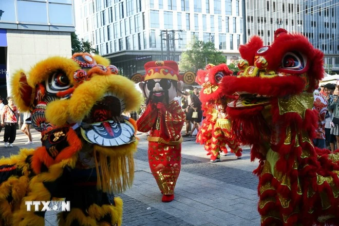 Múa sư tử đón tết Nguyên đán tại Yangon, Myanmar.