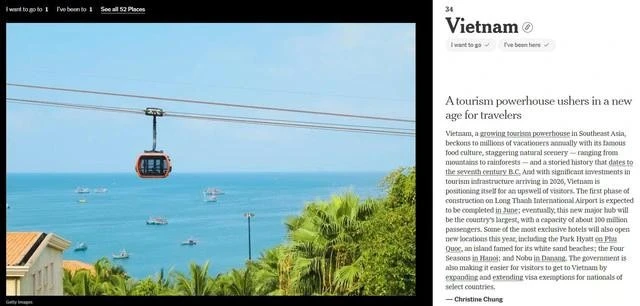 Cáp treo Hòn Thơm xuất hiện trong phần giới thiệu về Việt Nam như một điểm đến của tờ New York Times.