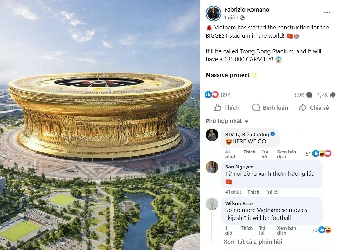 Bài đăng của Fabrizio Romano về dự án sân vận động Trống Đồng.
