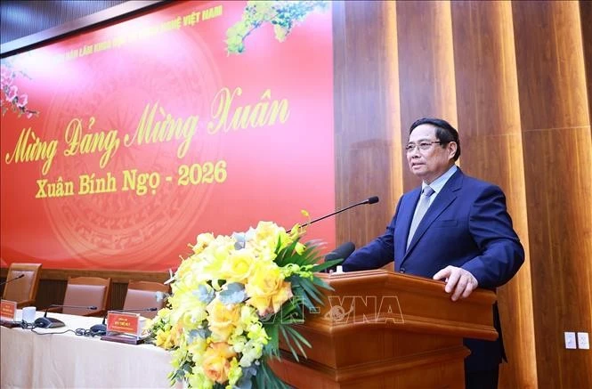 Thủ tướng Phạm Minh Chính phát biểu khi đến thăm, làm việc với Viện Hàn lâm Khoa học và Công nghệ Việt Nam.