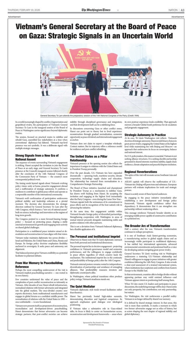Bài viết đăng trên tờ Thời báo Washington số ra ngày 19/2.