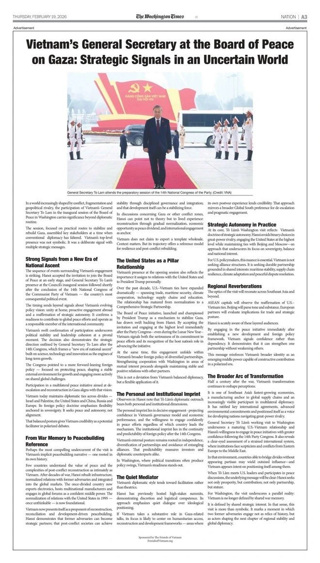 Bài viết đăng trên tờ Thời báo Washington số ra ngày 19/2.