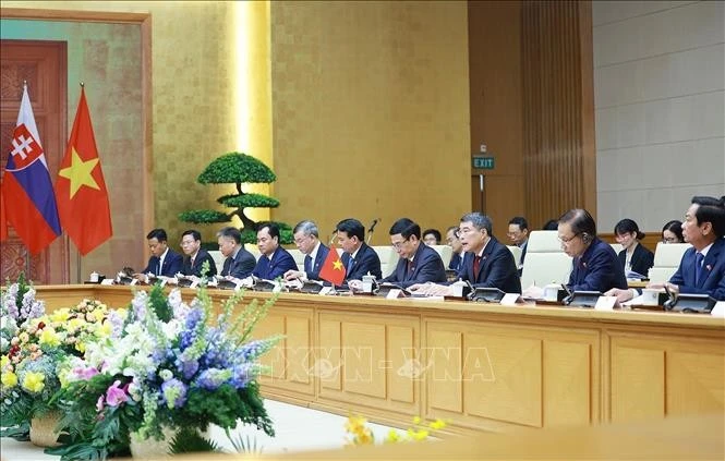 Thủ tướng Lê Minh Hưng và đoàn Việt Nam tại cuộc hội đàm với Thủ tướng Slovakia Robert Fico.