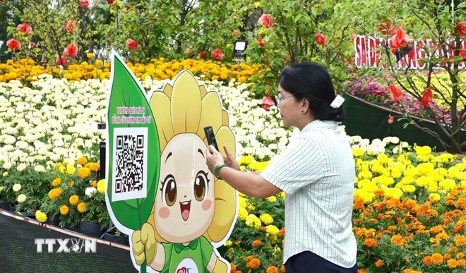 Người dân quét mã QR code để tra cứu thông tin bầu cử từ mô hình “bé cúc” Sa Đéc gắn mã QR.