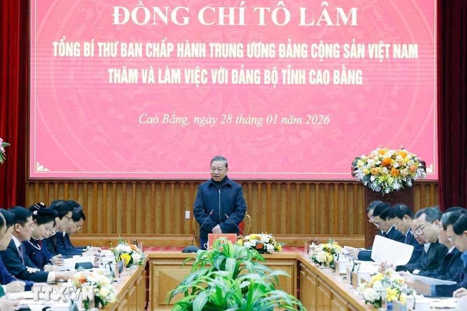Tổng Bí thư Tô Lâm phát biểu tại buổi làm việc với Ban Chấp hành Đảng bộ tỉnh Cao Bằng.